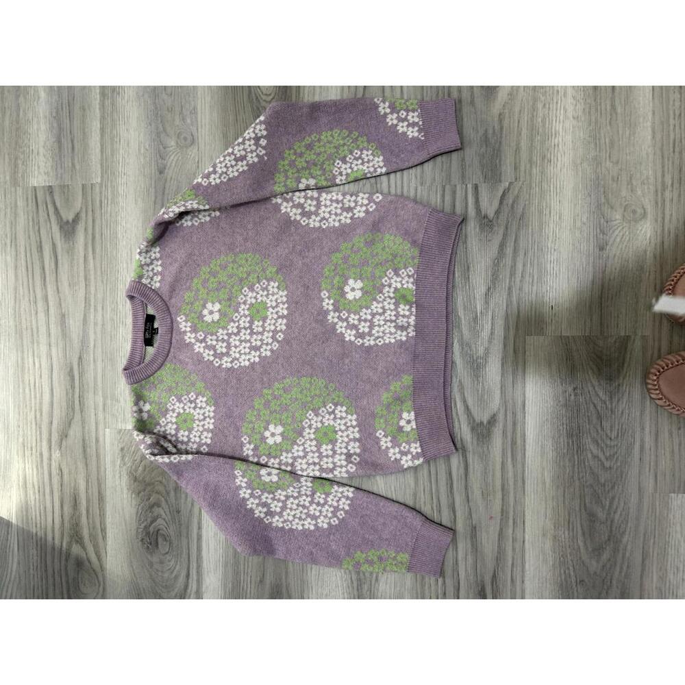 Witty Fox Purple & Green Floral‎ Yin Yang Sweater Flower Boho Y2K Cottage Small